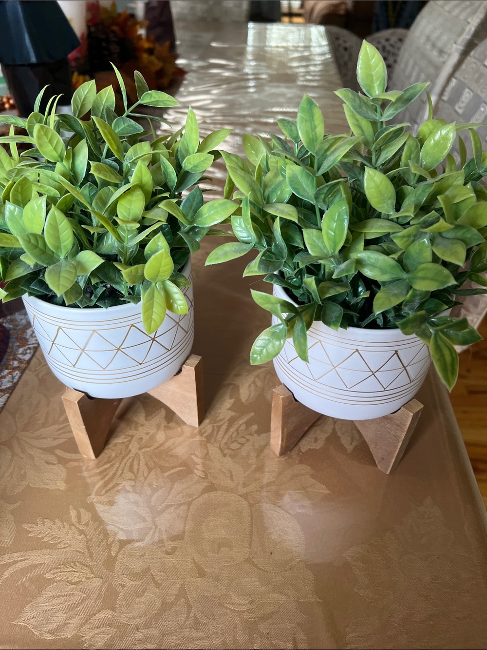 White Ceramic Planter with Wood Stand and Lush Green Faux Plant - Set of 2